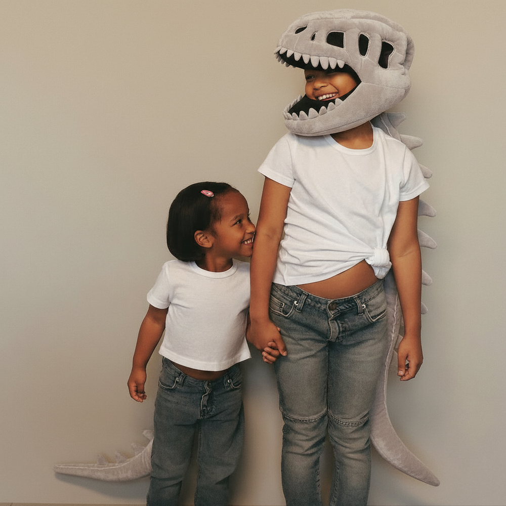 Siblings wearing size M and size L Bonesaur costumes