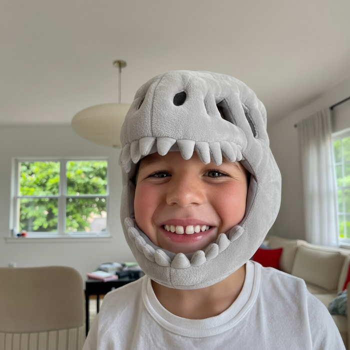 3D stuffed plush dinosaur skull hood on a child's head